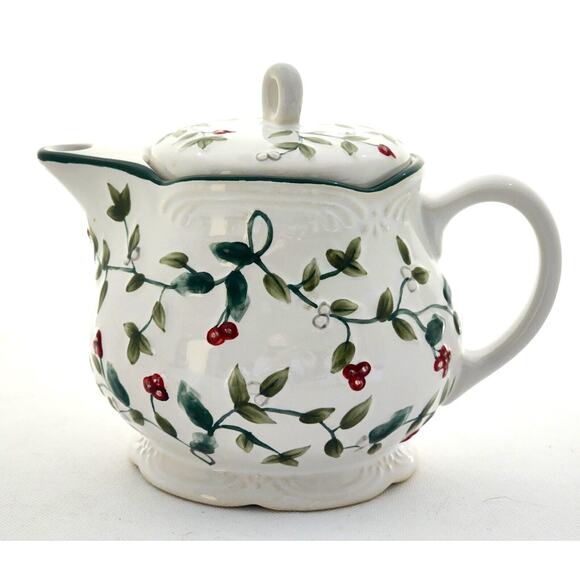 Teapot-Pfalzgraff-Winterberry Pattern-Embossed-White-Green-Red-Holds 24 oz - Picture 5 of 10